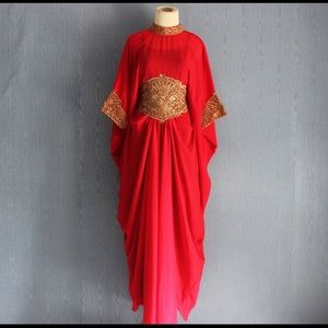 Red Moroccan Kaftan Maxi dress w/ gold embroidery